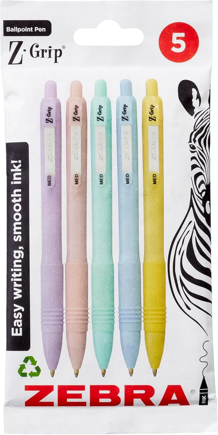 Zebra Pen Z-GRIP Smooth Ballpoint Pens Black Ink 5pk - Pastel