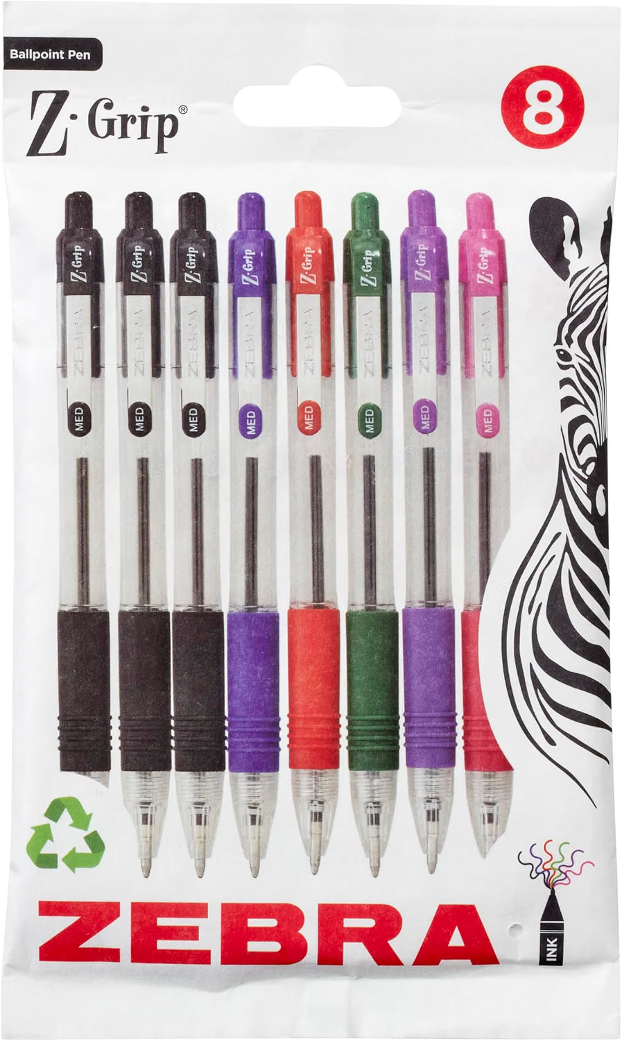Zebra Pen Z Grip Ballpoint Pens with Pocket Clip 8pk