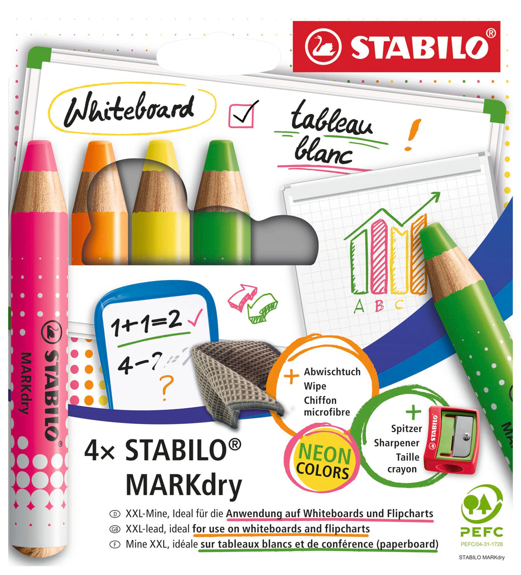 Stabilo Markdry Whiteboard Pencil Neon 4pk with Sharpener and Eraser