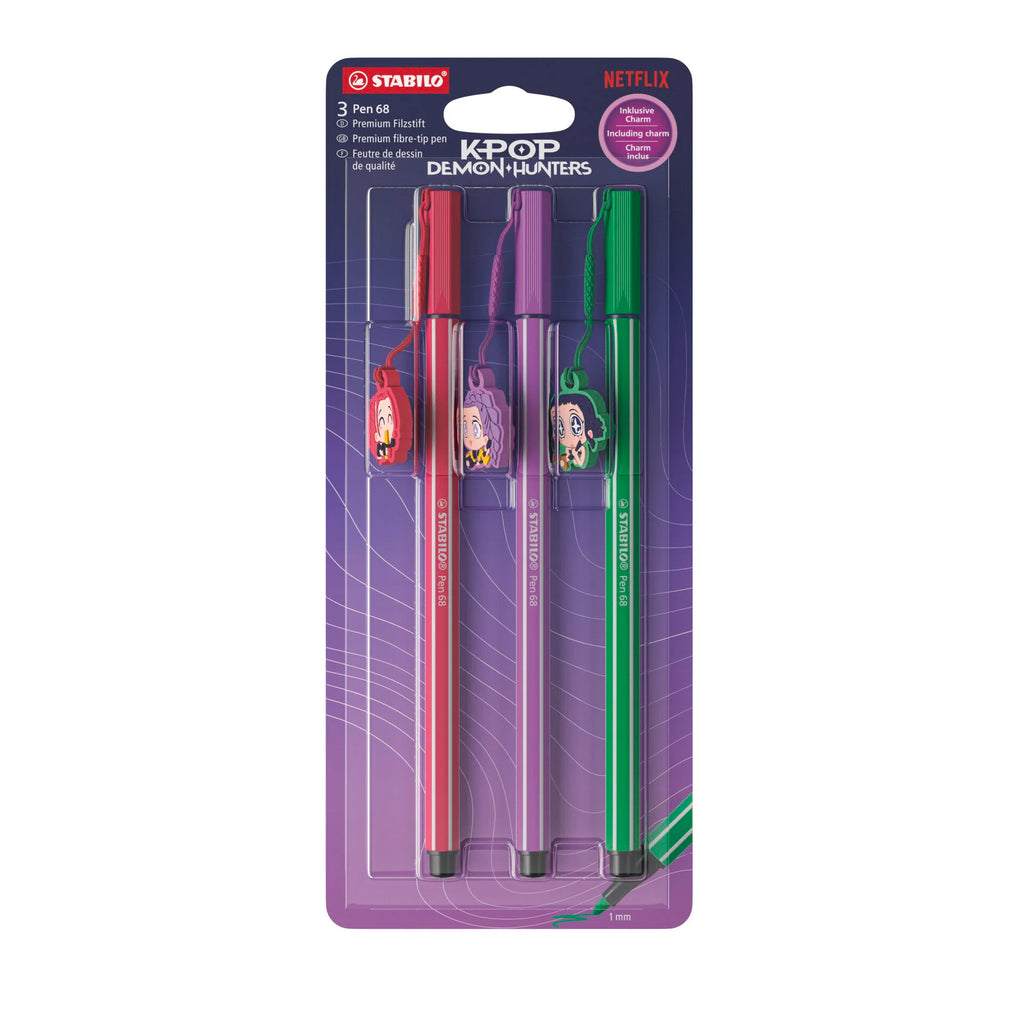 Limited Edition KPop Demon Hunters Stabilo Pen 68 Premium Fibre-Tip 3pk