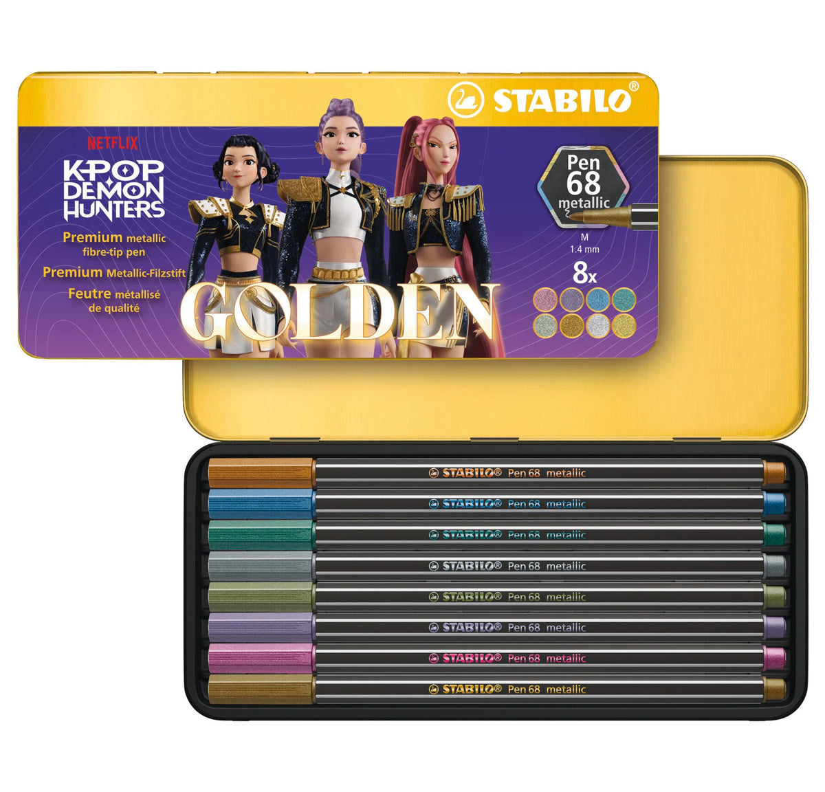 Limited Edition KPop Demon Hunters Stabilo Pen 68 Premium Metallic Fibre-Tip in Metal Tin 8pc