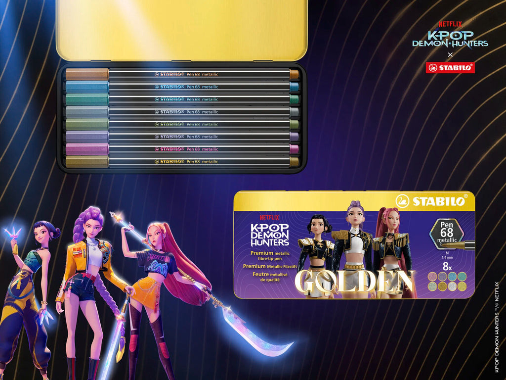 Limited Edition KPop Demon Hunters Stabilo Pen 68 Premium Metallic Fibre-Tip in Metal Tin 8pc
